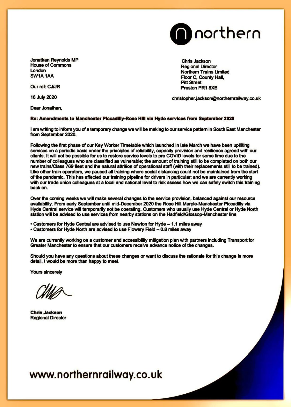The letter received from Northern about the planned suspension of the Hyde/Rose Hill line